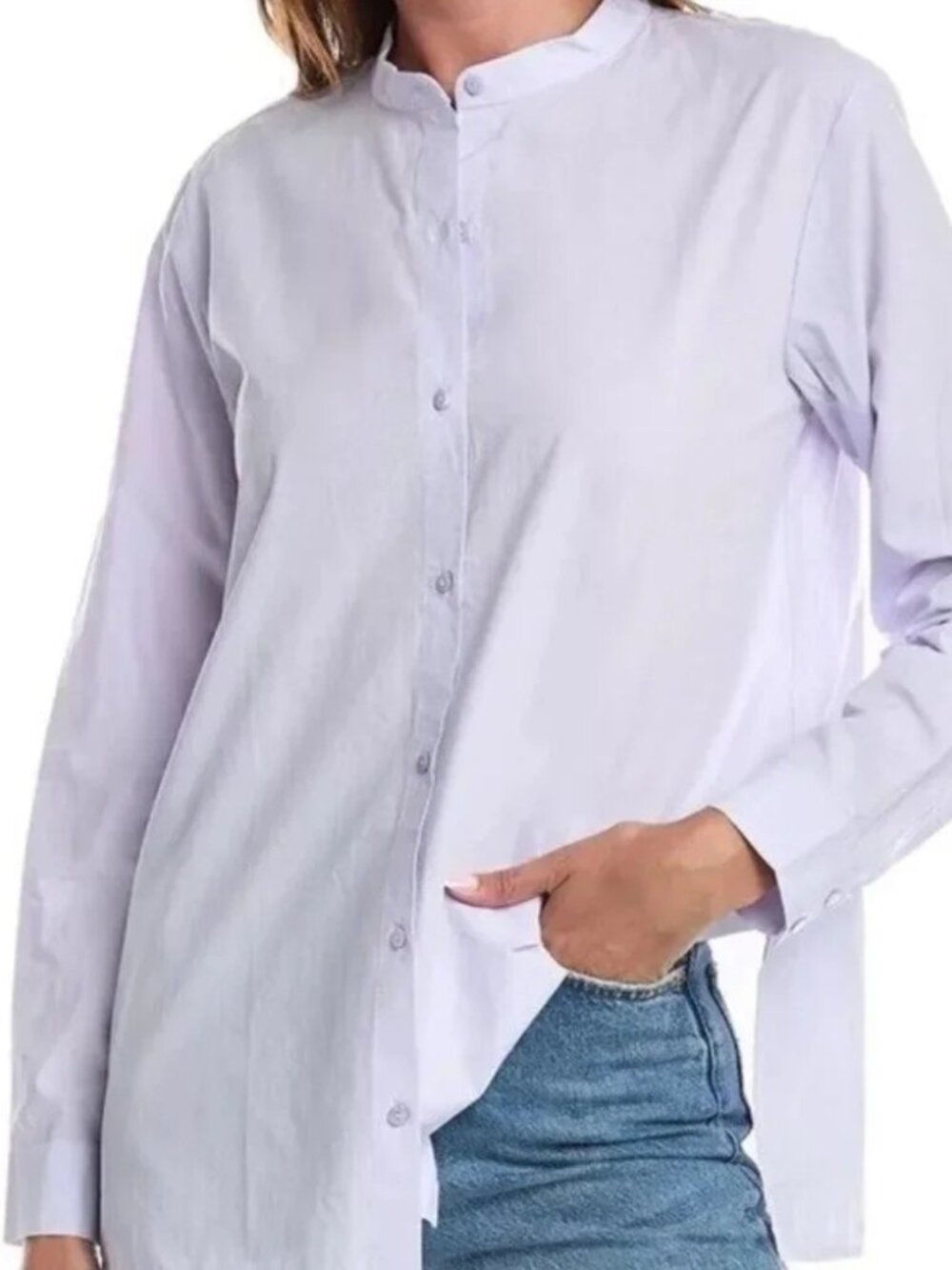 Eileen Fisher Organic Cotton Poplin Band Collar Shirt NWOT